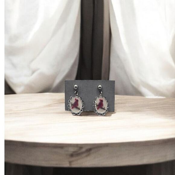 Vintage Red Cardinal Cross-Stitch Stud Dangle Earrings in Floral Frame - Picture 3 of 6